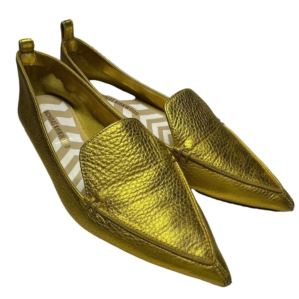 NICHOLAS KIRKWOOD | Beya Gold Leather Pointed Toe Flat Loafer Shoe Lux